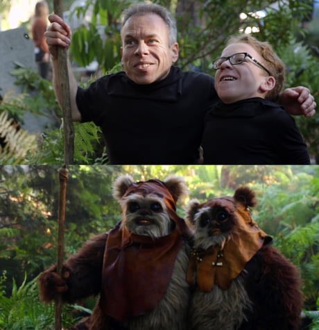 Warwick Davis and his son Harrison behind the scenes of The Rise of Skywalker