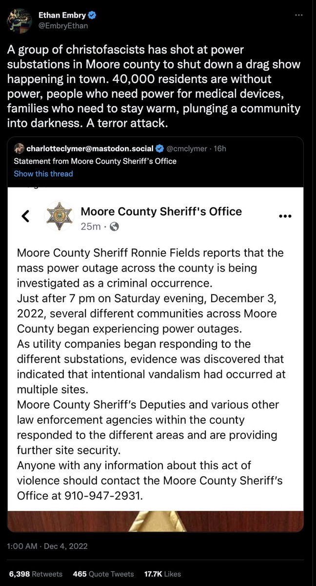 Without evidence, leftists spread a viral conspiracy theory that right-wing terrorists were behind the power substation vandalisms in Moore County, NC to stop a drag show. The sheriff just said at the presser there is no evidence for that claim. Thousands remain without power.