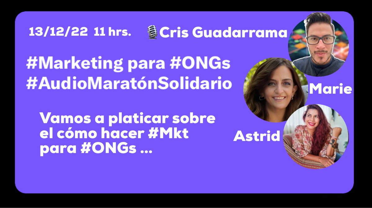 Nos toca poner el granito de arena en el #AudioMaratónSolidario con #Marketing para #ONGs. 

Establece el recordatorio dale #RT, no solo me gusta 😬 y únete para que lógrenos juntos el objetivo👇🏻. 

x.com/i/spaces/1mnxe…

Para más detalles👇🏻…

audiomaratonsolidario.es