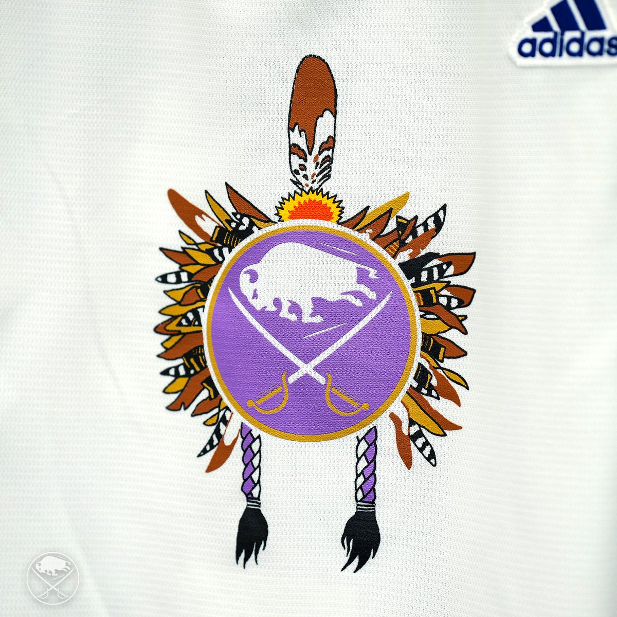 BuffaloSabres's tweet photo. We are honored to wear our custom logo designed by renowned Native American artist Carson Waterman during warmups tonight!

The jerseys will be available via auction with proceeds benefiting Faith Keepers Montessori School and Western Door Hockey.