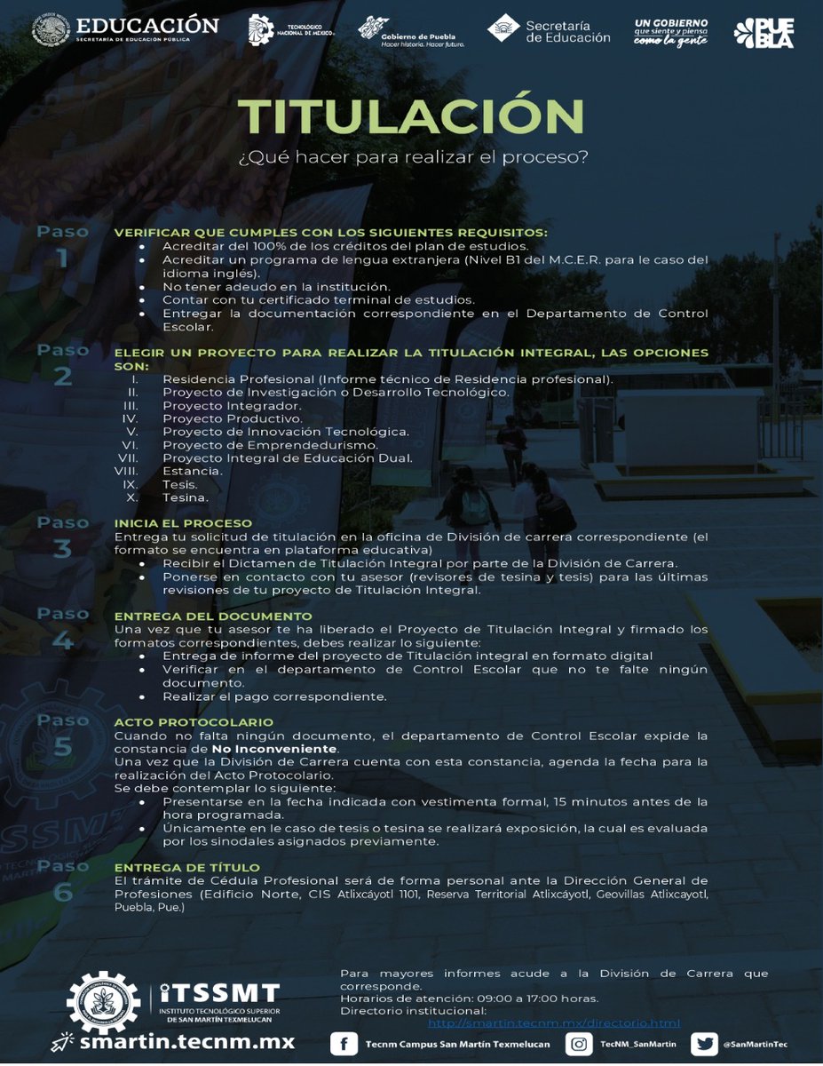 🛑🦅#OrgulloHalcón
¿Vas a iniciar tu proceso de titulación?
 ✍️Te dejamos los pasos a seguir y todo lo que debes contemplar para realizar el trámite.
Puedes encontrarlo también en nuestra página institucional:
smartin.tecnm.mx/documents/Info…
#ComunidadTecNM 
#XXAniversarioITSSMT