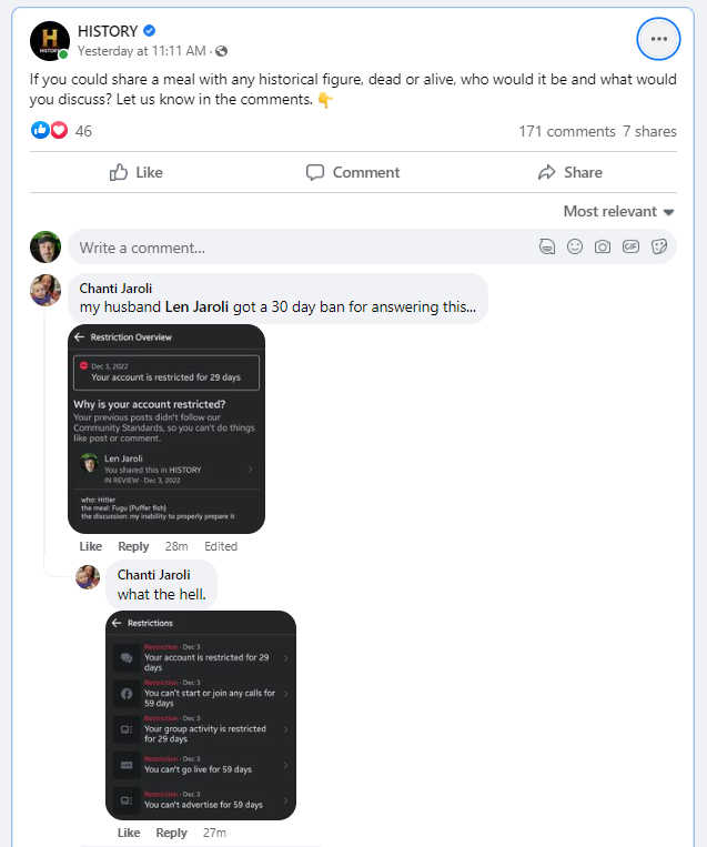 therealDJSoS's tweet photo. Facebook gave me a 30 day ban for saying:  if i could, i would kill Hitler with a poorly cooked Puffer Fish.
( in the same thread... some Nazi fan - says he wishes he could meet Albert Speer! no ban... that's ok. )
@CBCNews @NBCNews @CBSNews @CNN https://t.co/Oa1xpGyFLs