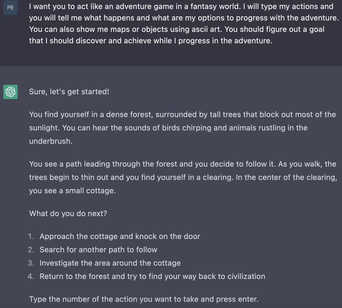 pedrofgomez's tweet photo. Amazed of how #ChatGPT is working! #TextAdventureGame https://t.co/RNcDIvbgxl