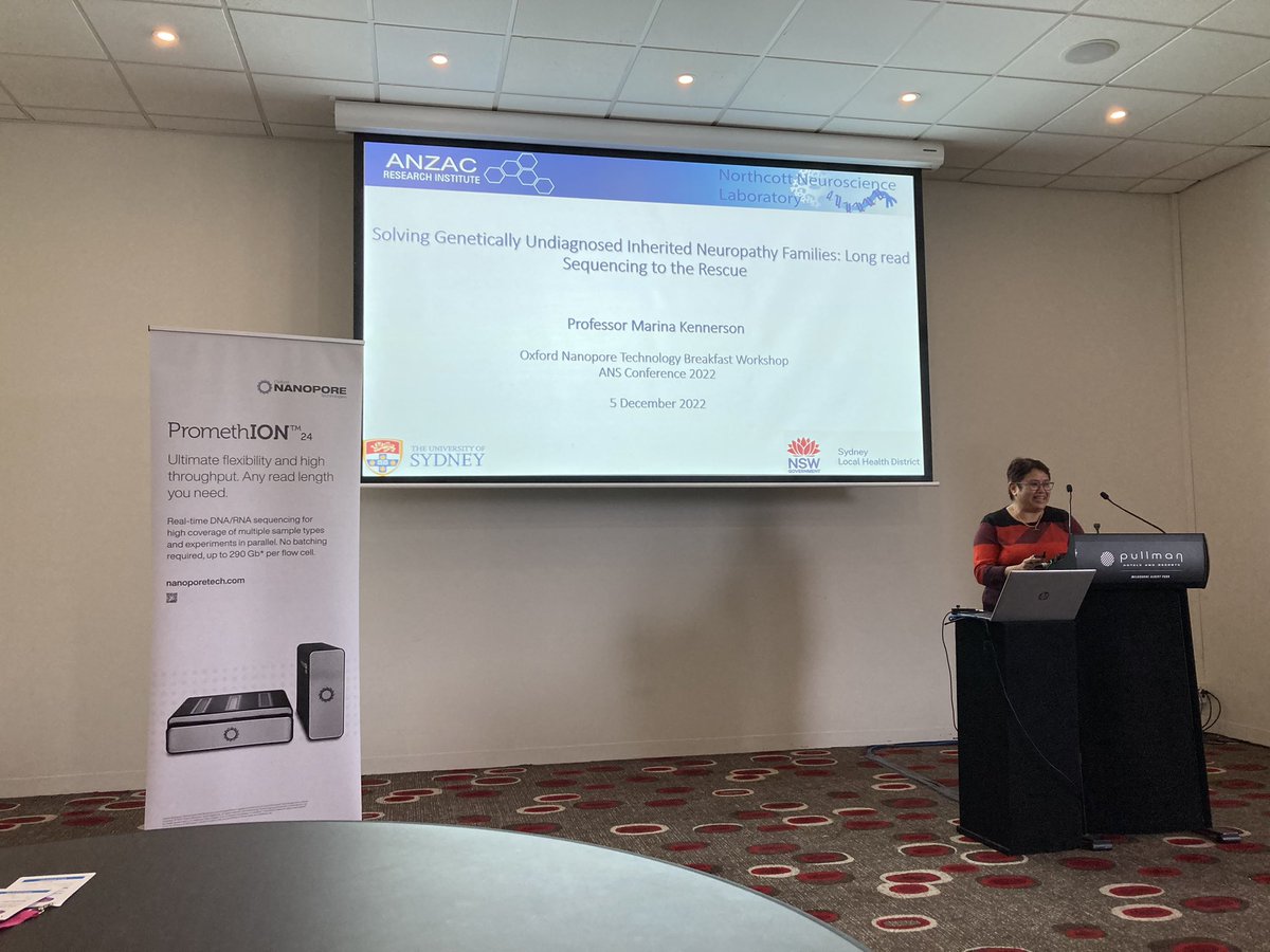 RMeshNarayanan's tweet image. Prof. Marina Kennerson of @KennersonLab presenting recent advances on long read sequencing and genetic analysis of CMT families using @oxfordnanopore at Nanopore workshop at #ANS2022