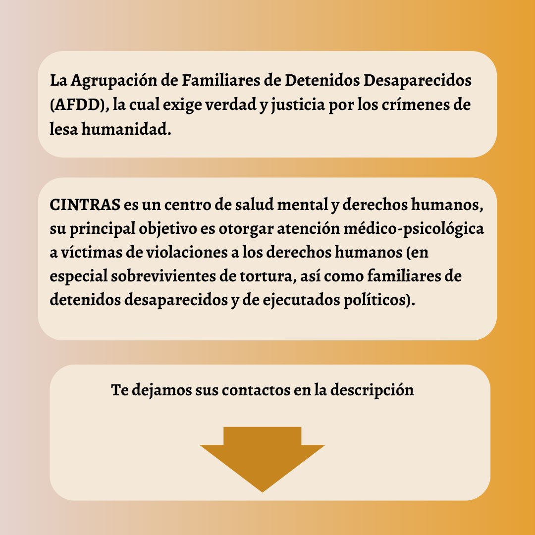 hijosdexiliocl's tweet photo. Diversas organizaciones han prestado servicio y apoyo a las víctimas de la violación a los derechos humanos:
-ongcintras@gmail.com
-pidee.fundacion@gmail.com
-prais.ssmc@redsalud.gob.cl
-afdd@afdd.cl
#PRAIS #CINTRAS #PIDEE #AFDD #reconocimientoyreparacion #memoriaviva https://t.co/Cd7zgorDJ7