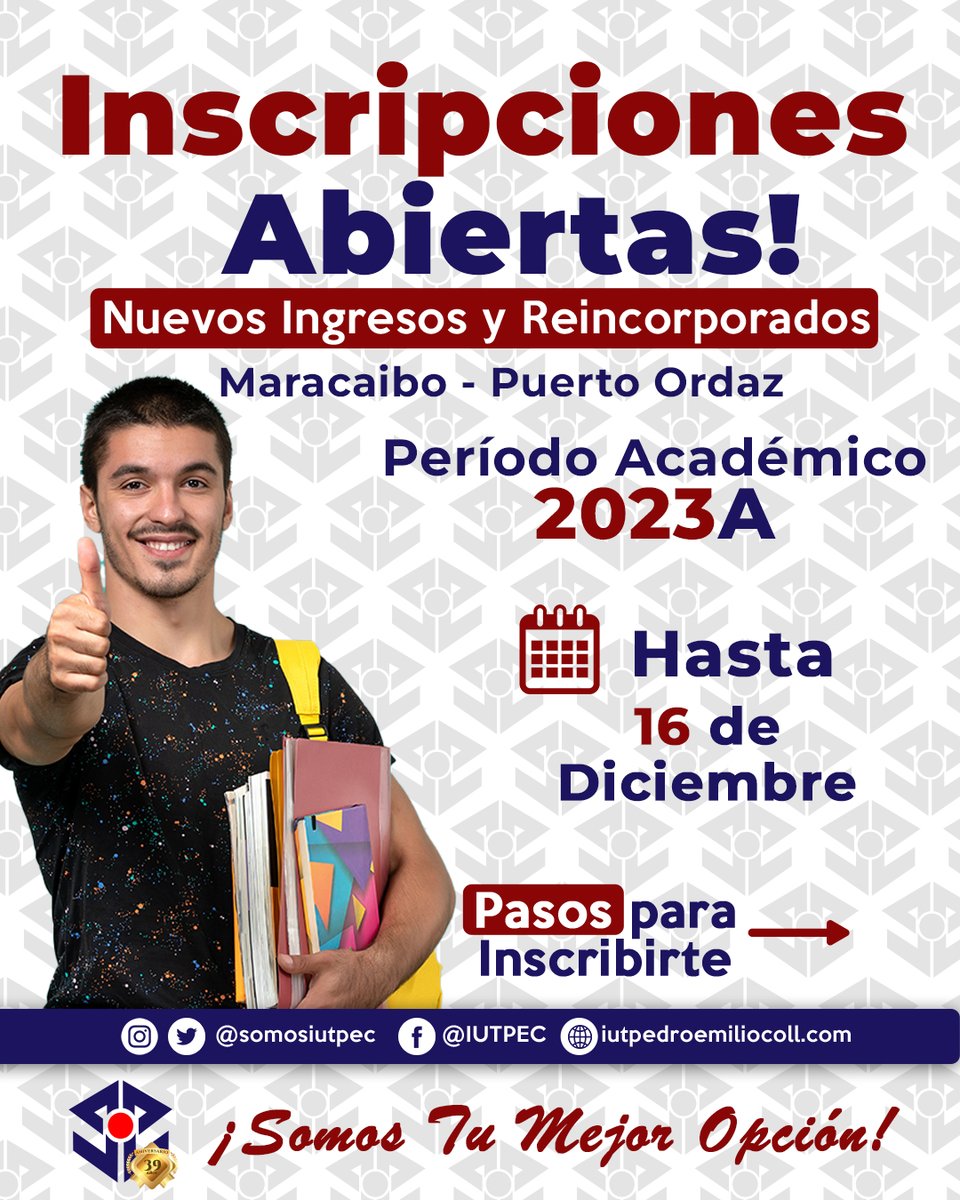 SomosIUTPEC's tweet photo. Hoy es el día en el que puedes empezar a crear un futuro. Conoce nuestra oferta académica y descubre un mundo nuevo en el #IUTPEC ⁣
⁣
¡𝟯𝟵 𝗮ñ𝗼𝘀 𝗳𝗼𝗿𝗺𝗮𝗻𝗱𝗼 𝗳𝘂𝘁𝘂𝗿𝗼!|⁣
⁣
#SomosIUTPEC #TuMejorOpcion #EducacionSuperior #Ofertaeducativa  #Oportunidades #Maracaibo https://t.co/wlEl0cfcog