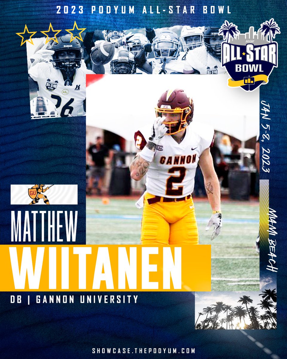 PodyumBowl's tweet image. 🚨 𝗖𝗢𝗡𝗙𝗜𝗥𝗠𝗘𝗗 🚨

Defensive Back @Matt_Wiitanen from @FootballGannon has accepted the invitation to compete at the 2023 Podyum All-Star Bowl! See you in Miami!

showcase.thepodyum.com

#EarnYourLevel #CollegeAllStar #FootballShowcase #ProFootball #NFL #CFL #XFL #USFL