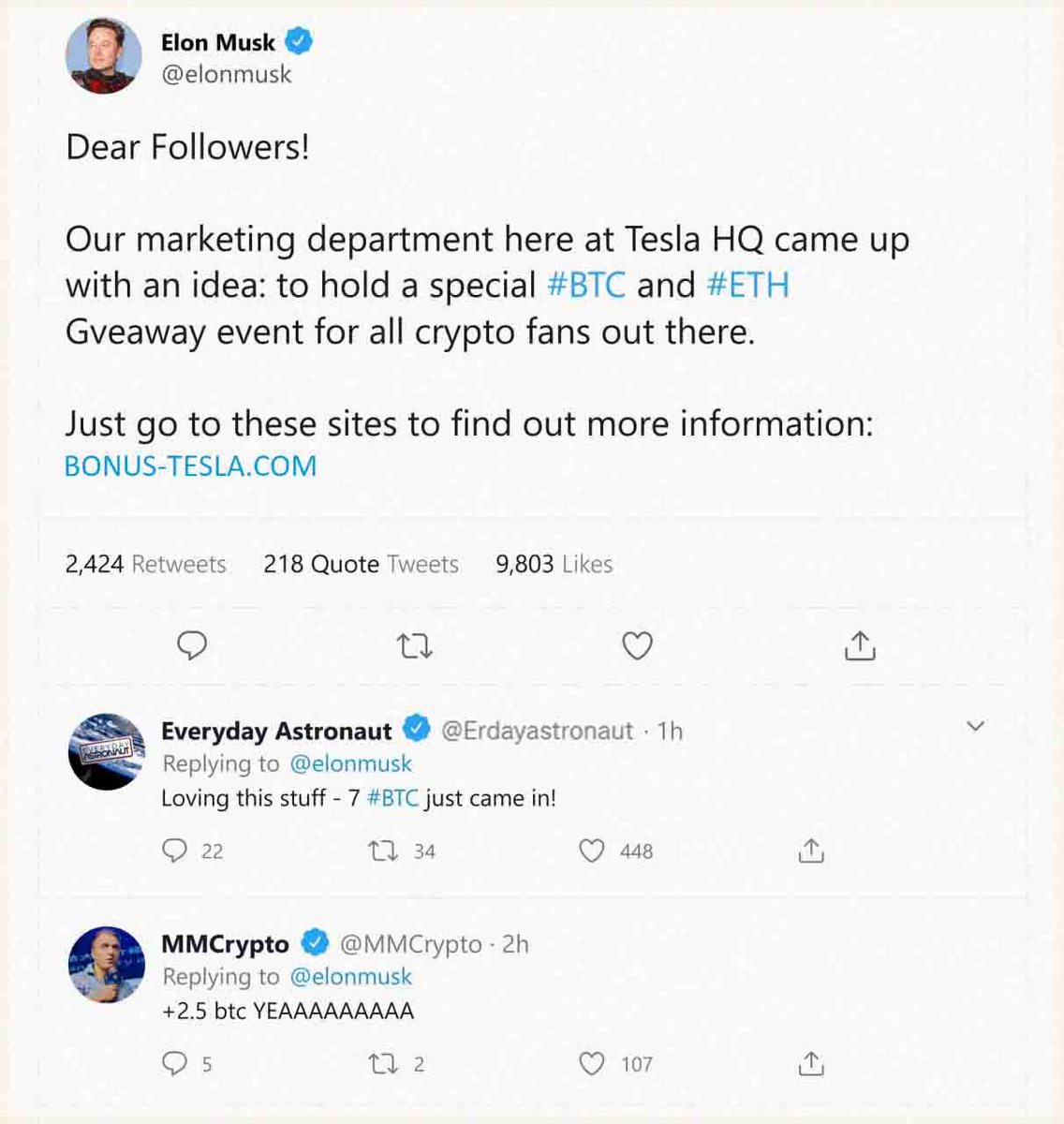 WhiteHouse To support crypto community, Elon Musk initiated 5.000 BTC and  100.000 ETH GIVEAWAY