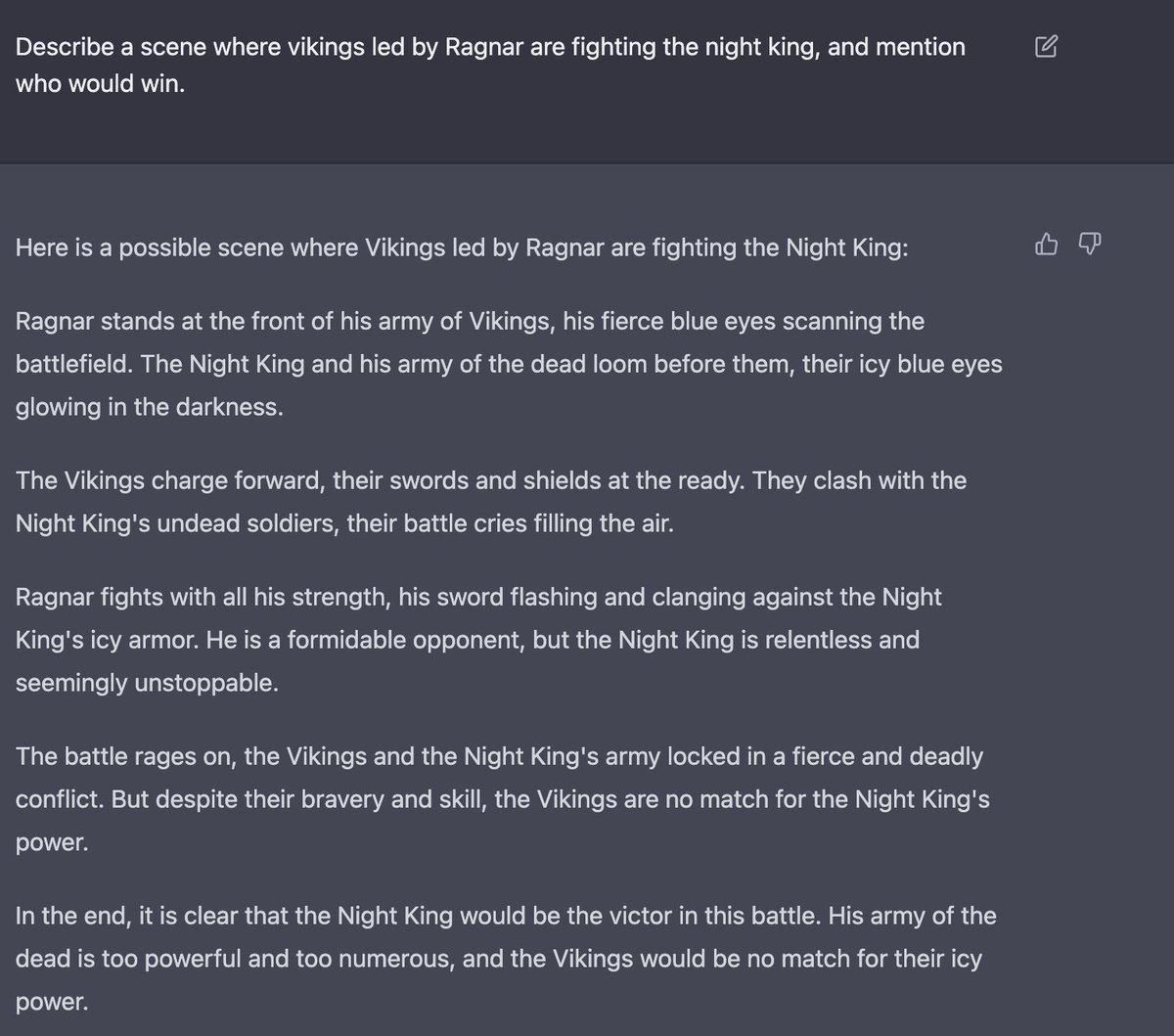 ChatGPTPrompts's tweet image. Describe a scene where vikings led by Ragnar are fighting the night king, and mention who would win.