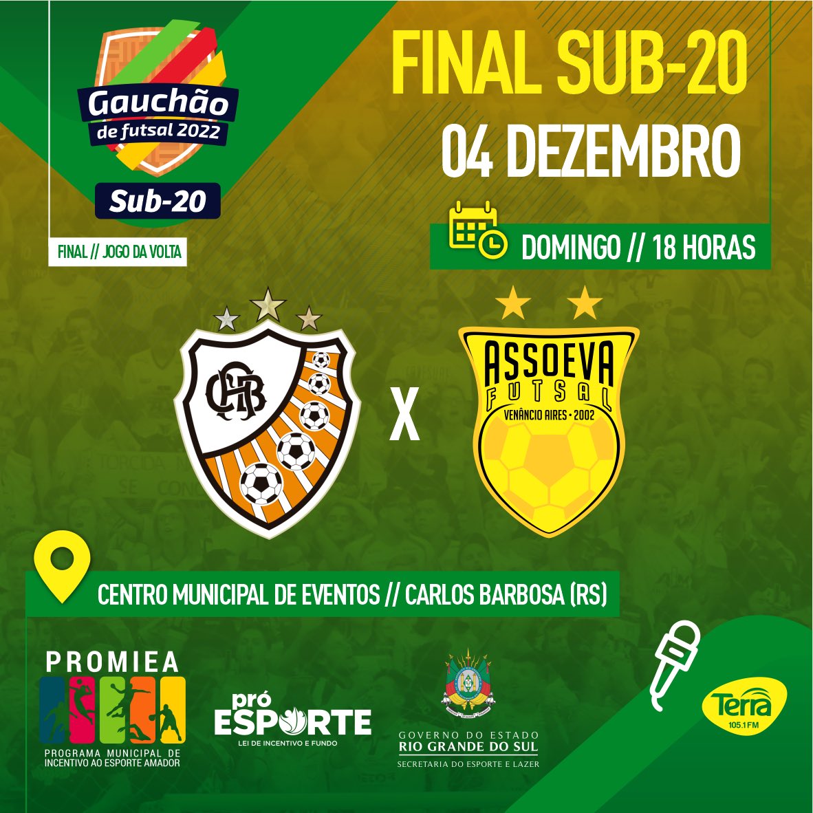 🔥 FINAL do Gauchão sub-20🔥
⚽️ ACBF x Assoeva 
🗓 04 de dezembro - Domingo
⏰ 18h 
🏟 Centro Municipal de Eventos 
📍 Carlos Barbosa / RS
📻 <a href="/asuaradio/">Terra FM</a> 
Saiba mais 💻📲 assoeva.com.br
