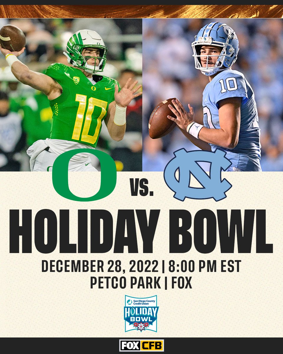 The Ducks and Tar Heels are @HolidayBowl bound! ☀️ @oregonfootball and @UNCFootball will face off at Petco Park on Dec. 28 on FOX.