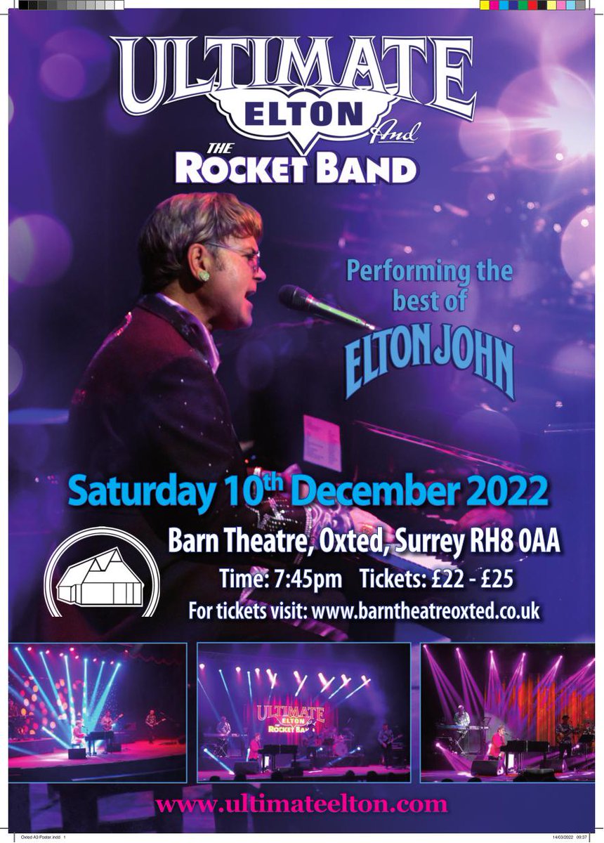 Like Elton John, then Come and see Ultimate Elton and the Rocket Band playing hits such as Your Song, Candle in the Wind, Sacrifice, Crocodile Rock and many more. Paul Bacon is performing as Elton on 10/12 at 7.45 and tickets are available from barntheatreoxted.co.uk  #BarnOxted