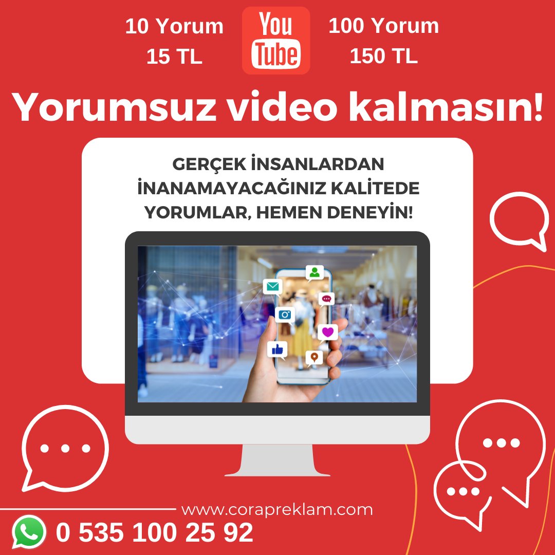 corapreklam's tweet photo. https://t.co/ihXxIzxpfj adresinde faaliyet gösteren görev platformumuzdaki farklı IP adreslerine sahip, gerçek insanların yapacağı harika yorumların tanesi sadece 1,5 TL'dir.

-10 tane #Youtube yorumu 15 TL
-100 tane Youtube yorumu 150 TL

WhatsApp: 0 535 100 25 92 https://t.co/4ifmkciGy2
