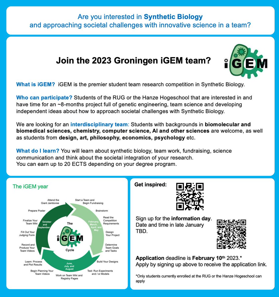 Sonja Billerbeck (@billerbeck_s) on Twitter photo After <a href="/iGEM/">iGEM Headquarters</a> is before iGEM! We are recruiting the 2023 Groningen team🧬🔬🧫. If you are a <a href="/univgroningen/">University of Groningen</a> student and up for a summer of cool SynBio science, read below:
<a href="/ResearchGbb/">GBBResearch</a> <a href="/SynBio_NL/">SynBioNL</a> <a href="/DarshakWrites/">Darshak Bhatt</a> <a href="/KamenzLab/">KamenzLab</a> <a href="/_rprins/">Rianne Prins</a> <a href="/2022Groningen/">iGEM Groningen 2022</a> After <a href="/iGEM/">iGEM Headquarters</a> is before iGEM! We are recruiting the 2023 Groningen team🧬🔬🧫. If you are a <a href="/univgroningen/">University of Groningen</a> student and up for a summer of cool SynBio science, read below:
<a href="/ResearchGbb/">GBBResearch</a> <a href="/SynBio_NL/">SynBioNL</a> <a href="/DarshakWrites/">Darshak Bhatt</a> <a href="/KamenzLab/">KamenzLab</a> <a href="/_rprins/">Rianne Prins</a> <a href="/2022Groningen/">iGEM Groningen 2022</a>