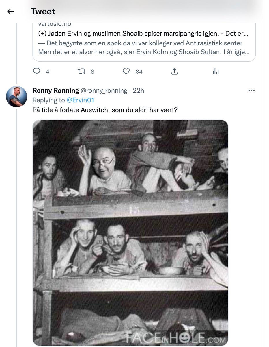 Ervin01's tweet photo. Jeg vet ikke hvem denne mannen er. Selv om slike memer ikke rammes av hatparagrafen, bør samfunnet gjøre dem illegitime. Jeg mistet nesten hele min familie i Holocaust. Min far var den eneste av 13 barn som overlevde. https://t.co/ulbhZ0U5bu
