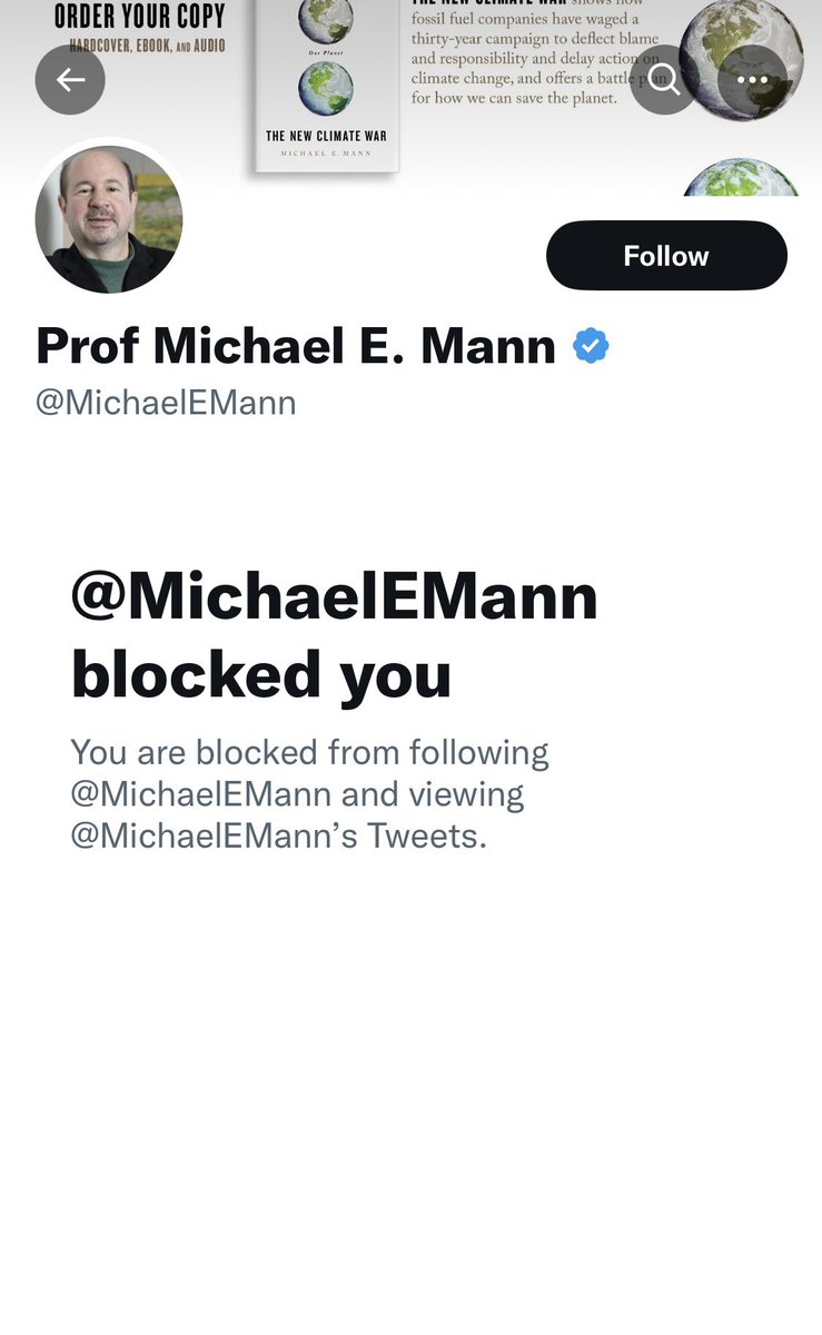 SoggyBottom22's tweet photo. Ha! This is how original fraudster and scam artist @MichaelEMann, the “hockey stick” purveyor of fraudulent “science” debates science. 😆 #oof #guilty #blocked #MichaelEMann #fraud #ClimateScam #fraudulentscience #hockeystick #fakedata #climatemodeling #notdata #alarmists https://t.co/PB70wiGuyg