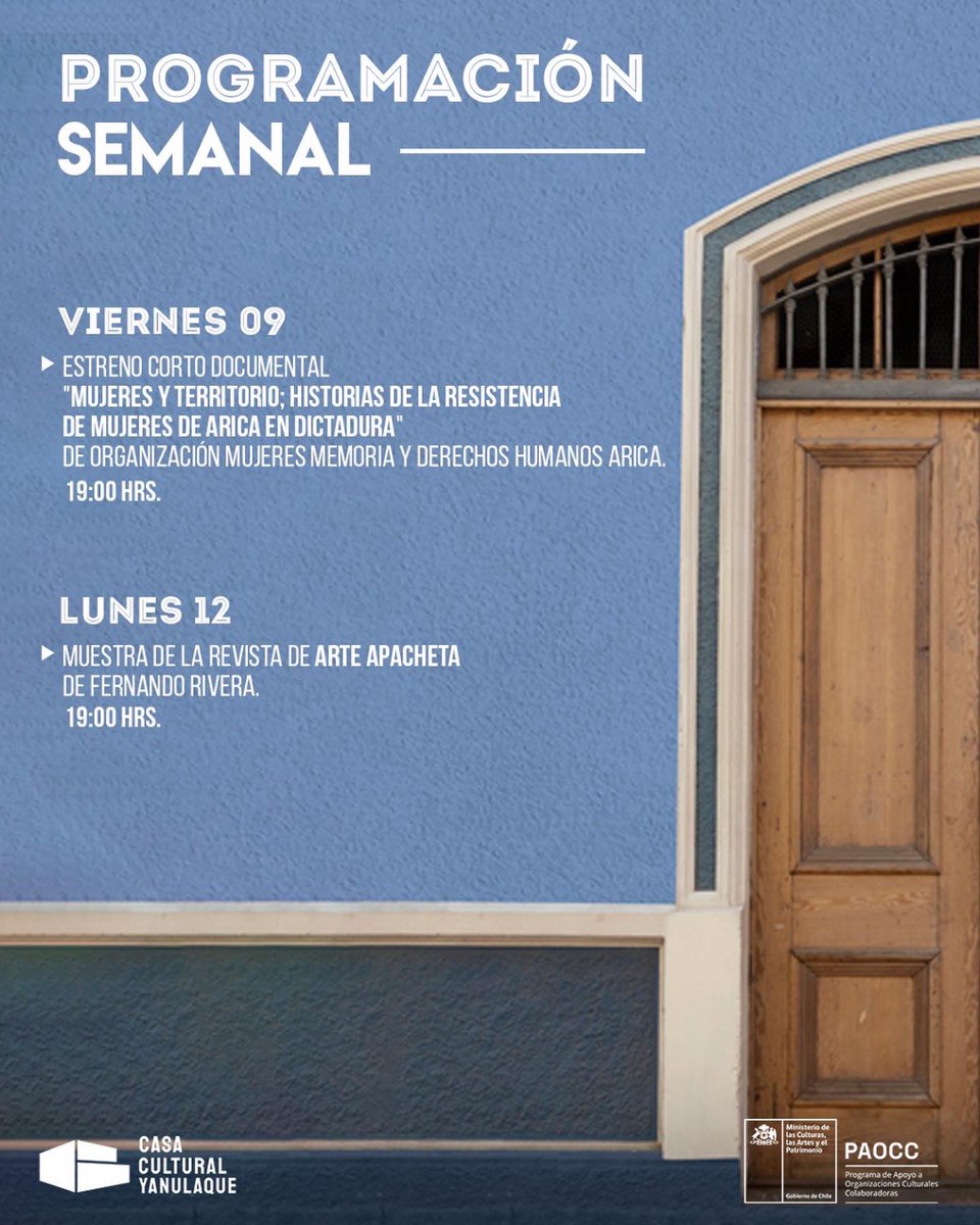 Se terminaron las exposiciones, pero seguimos con muchas actividades en nuestro espacio 🤩

Felices de apoyar grandes iniciativas artistas y culturales 🙌

<a href="/culturas_cl/">Ministerio de las Culturas</a> <a href="/Cultura_Arica/">SEREMI_Culturas_Arica</a> 

#Arica #arte #cultura #patrimonio #CCY
