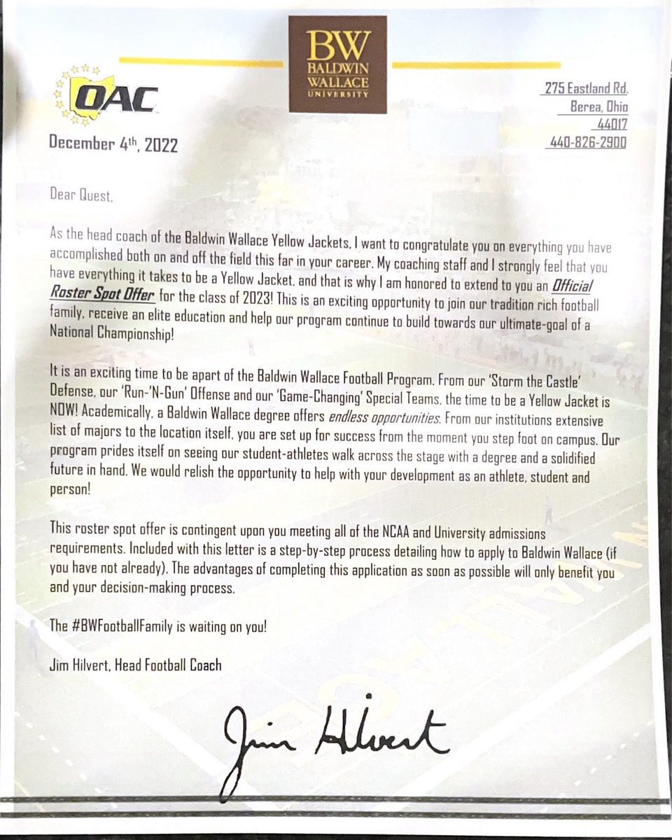 After a great visit I am very blessed to receive a roster spot from @BWYJFootball . Thank you <a href="/Coach_Parnell/">Rynell Parnell</a> and <a href="/AndrewCregan16/">Andrew Cregan</a> for the opportunity.