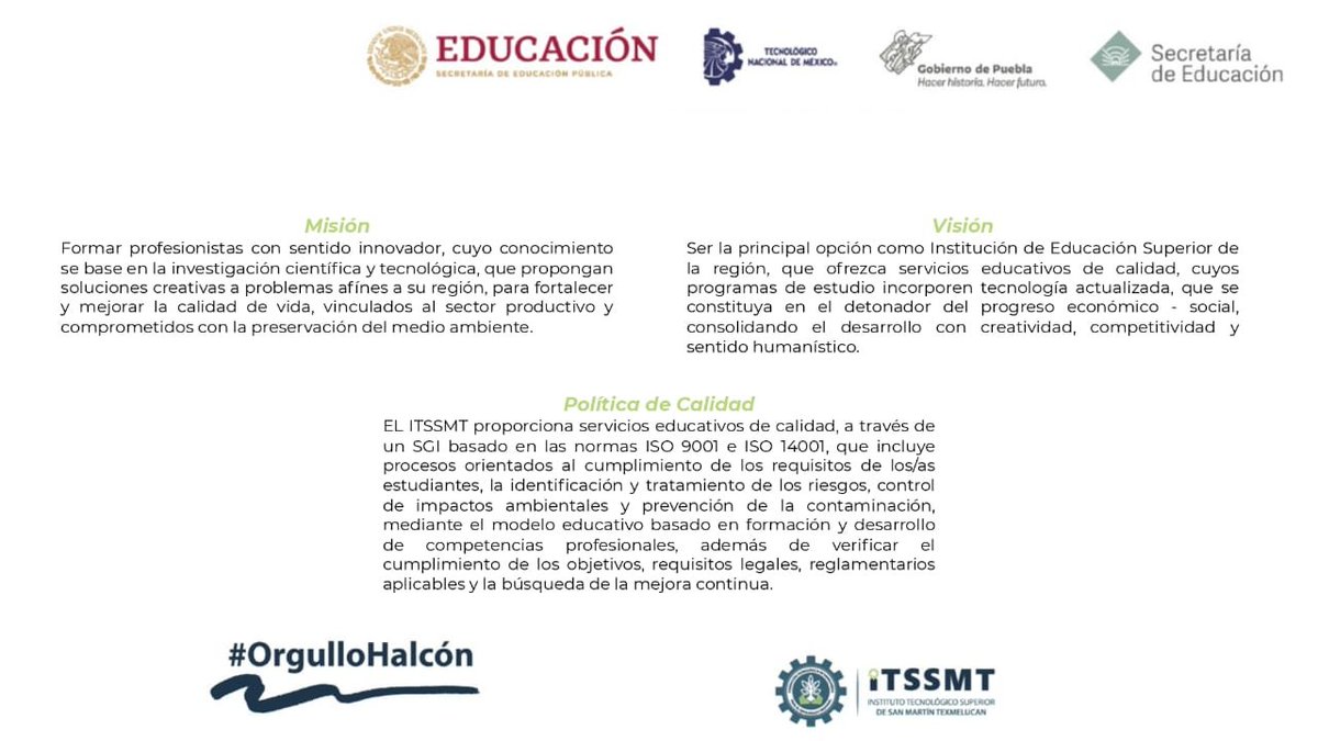 ¿Sabías qué?
 Los procesos del TecNM Campus San Martín Texmelucan cumplen con altos estándares de calidad y pertinencia, los cuales son reconocidos a través de las normas ISO 9001:2015 e ISO 14001:2015. 
#OrgulloHalcón