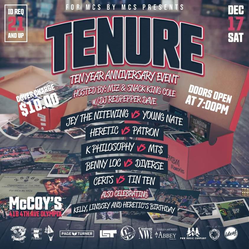 k_sas23's tweet photo. @ForMCsByMCs “Tenure” going down 12/17.
@JeyTheNitewing vs Young Nate! 🔥
@Heretic360 vs @Pintsizepatron
@KPhilosophy_ vs @MTmoney360 & more.
Hosted by @snackkingcoleRC & Miz
Celebrate our birthdays 🎉 w us at McCoy’s in Olympia Wa. Doors open at 7pm.
#ForMcsByMcs #Tenure https://t.co/GVGaEfCYXk