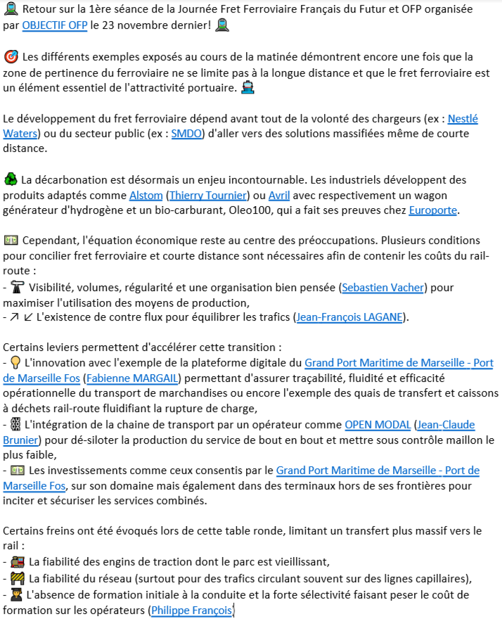 🚨 FRET FERROVIAIRE : Séance de rattrapage pour ceux qui ont raté la conférence annuelle d'Objectif OFP. Voici un résumé de la séance n°1.
#ferroviaire #fret #sncf #transports