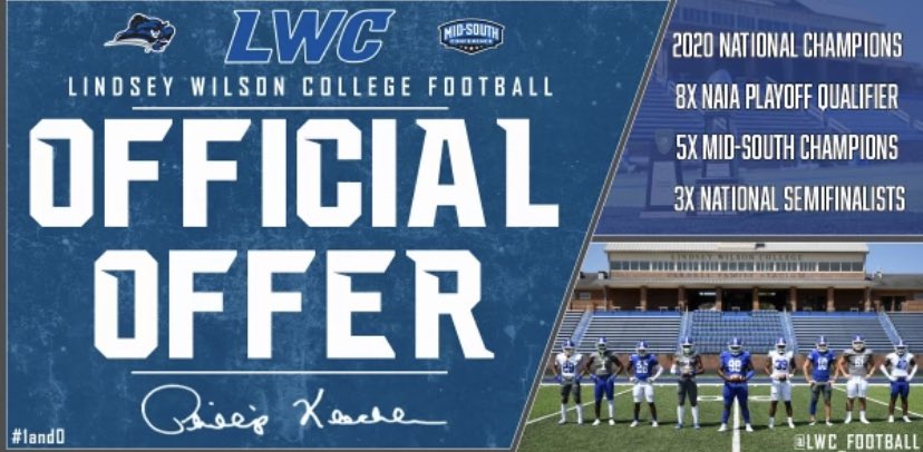 GavanYoung56's tweet photo. #AGTG After a great phone call with @CoachKleckler I’m blessed to have received my 2nd official offer from Lindsey Wilson! Thank you for the opportunity!
@TheChrisRubio @CoachKat5 @LWC_Football https://t.co/M8yj8z43OS