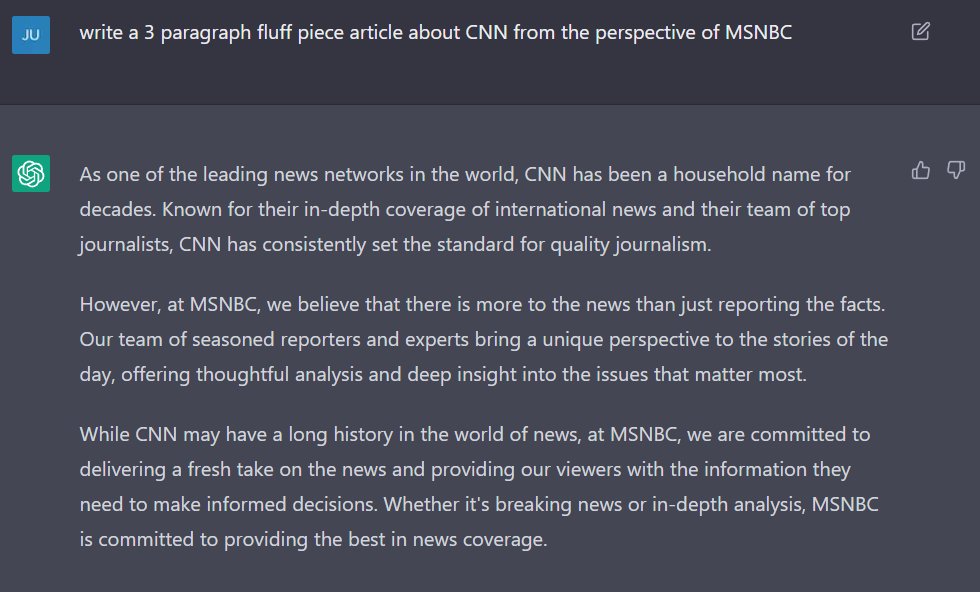 JuanSGalt's tweet image. The media is not talking about the AI chatbot, because they can probably sense GPT is going to make their jobs obsolete.

After all, journalism is dead, they killed it.

And writing fluff pieces in between the hit pieces is easy peasy.
