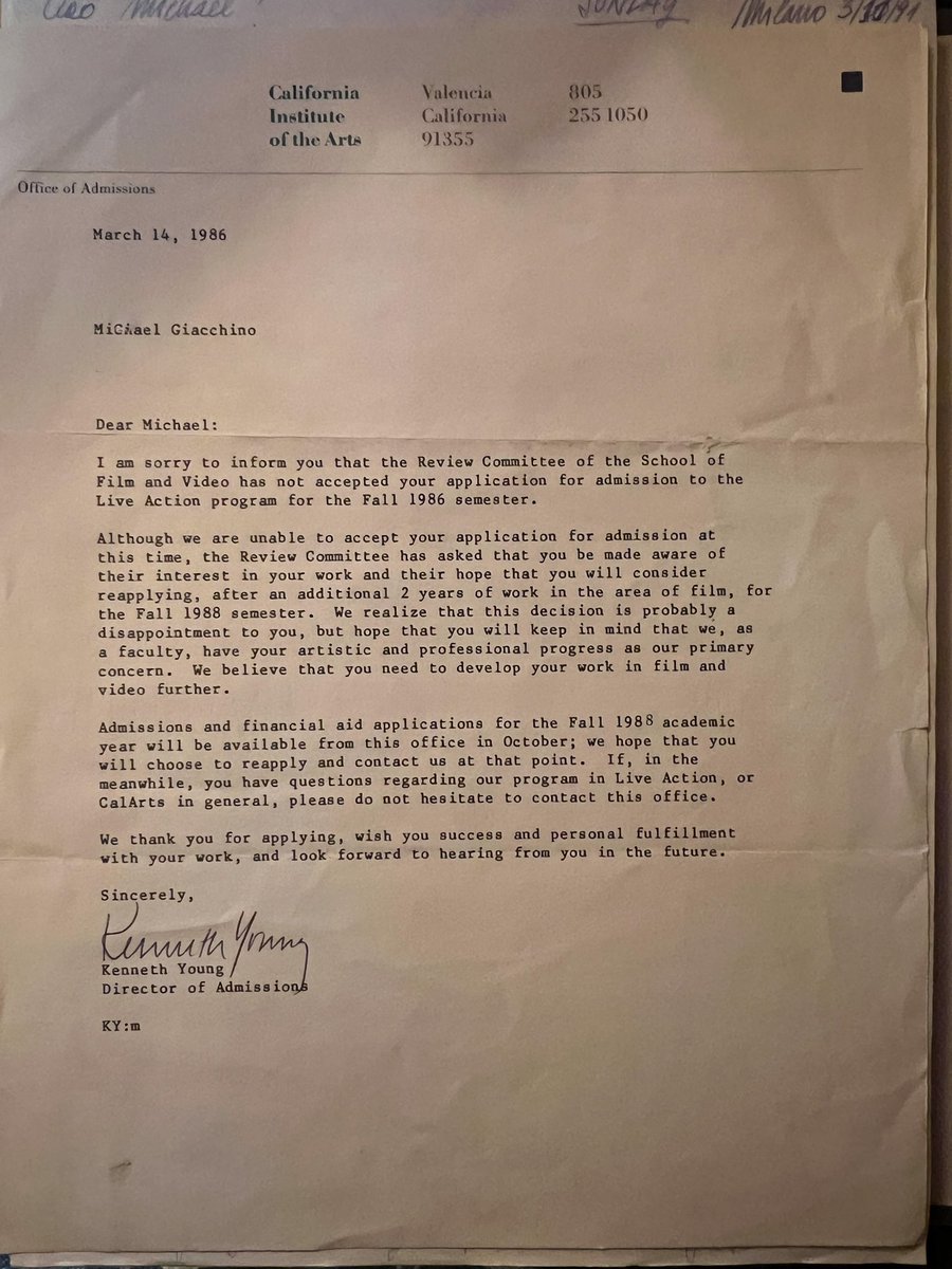 I remember how disappointed I was when I received this letter way back when. I thought it was the end of the road. Well, I ended up in NYC at the School of Visual Arts and I guess the lesson is… the end of the road isn’t always where you think it is.