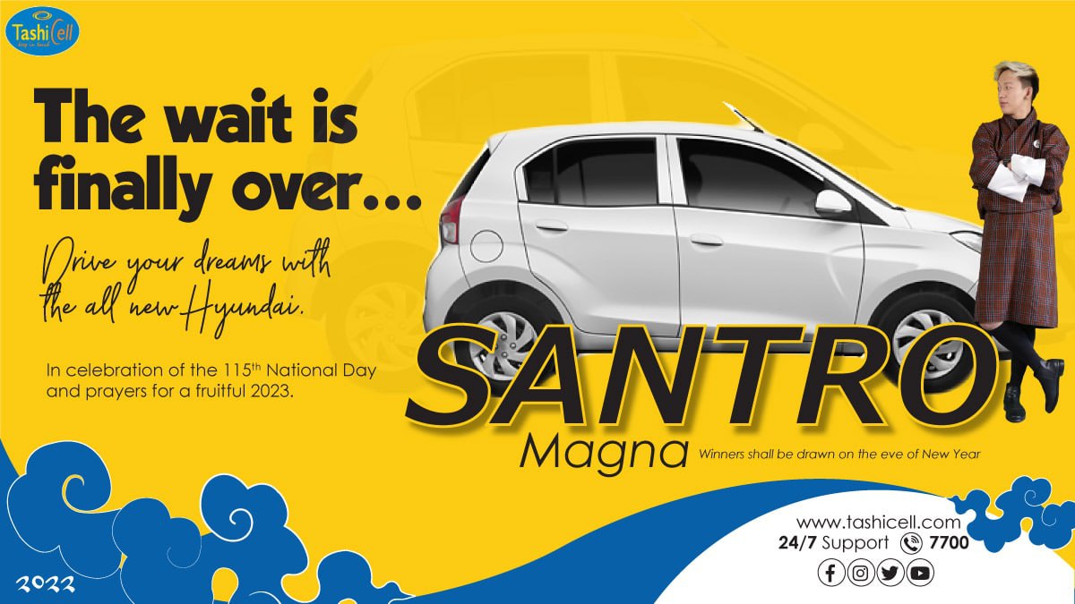 TashiCell's tweet photo. In celebration of the 115th National Day and prayers for a fruitful 2023, we will be giving away a Santro Magna.

To be eligible, recharge any amount from 5th - 30th December and post-paid users should be active on 30th December. The winner shall be drawn live on 31st December. https://t.co/uE9uNUdyrX