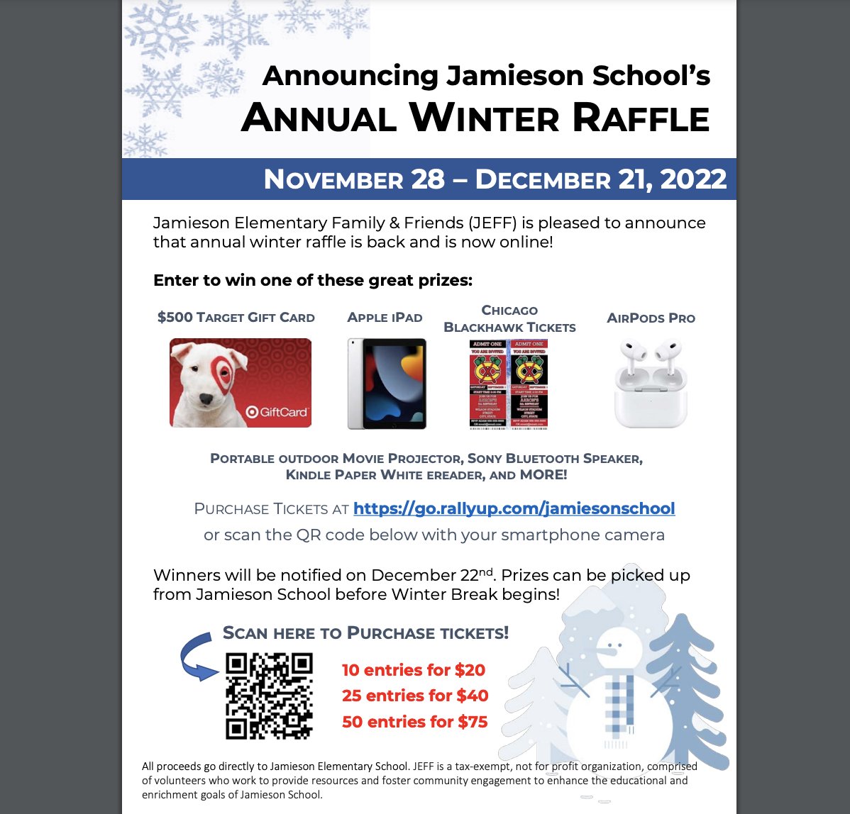 JamiesonSchool's tweet photo. It's that time of the year, our annual JEFF Winter Raffle. Look at all of the prizes! Thank you for supporting Jamieson School. https://t.co/VjVjMNhqxQ