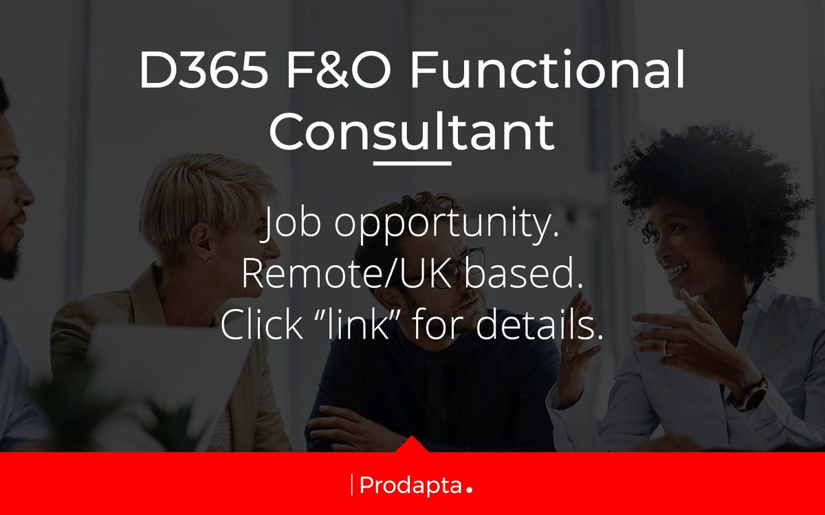 ProDapta's tweet photo. JOB OPPORTUNITY: D365 F&O Functional Consultant
Salary: £72,000 per annum
Location: #UK #Bromley
For details, please contact Georgiana Enache on Georgiana.Enache@prodapta.com
#Prodapta #TechJobs @Microsoft #Microsoft #MicrosoftJobs #MicrosoftDynamics #Cloud https://t.co/uPCzX3smXe