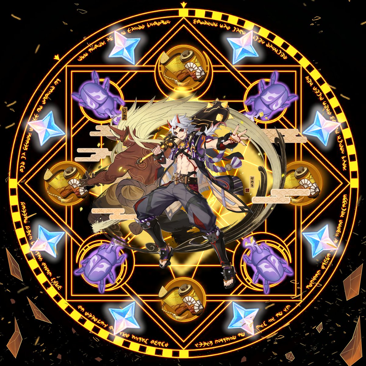 Some_Person0225's tweet photo. @GenshinImpact The long awaited Scara banner is here! Good luck to everyone that pulls for him, Itto or Faruzan! https://t.co/1EjumR9oex