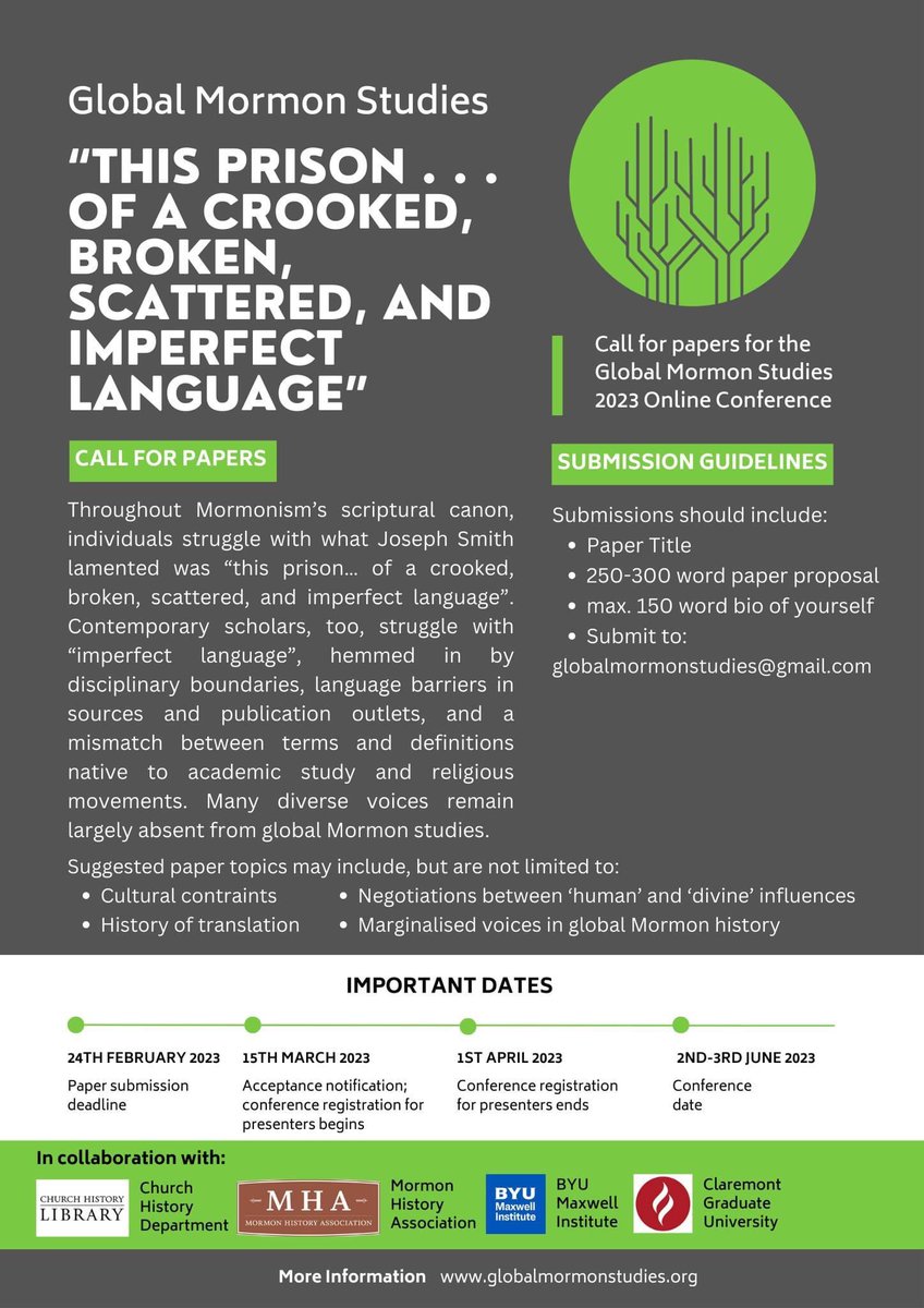 Call for papers: #GlobalMormonStudies online Conference 2nd-3rd June 2023

Send your submissions to globalmormonstudies@gmail.com
by 24 February 2023