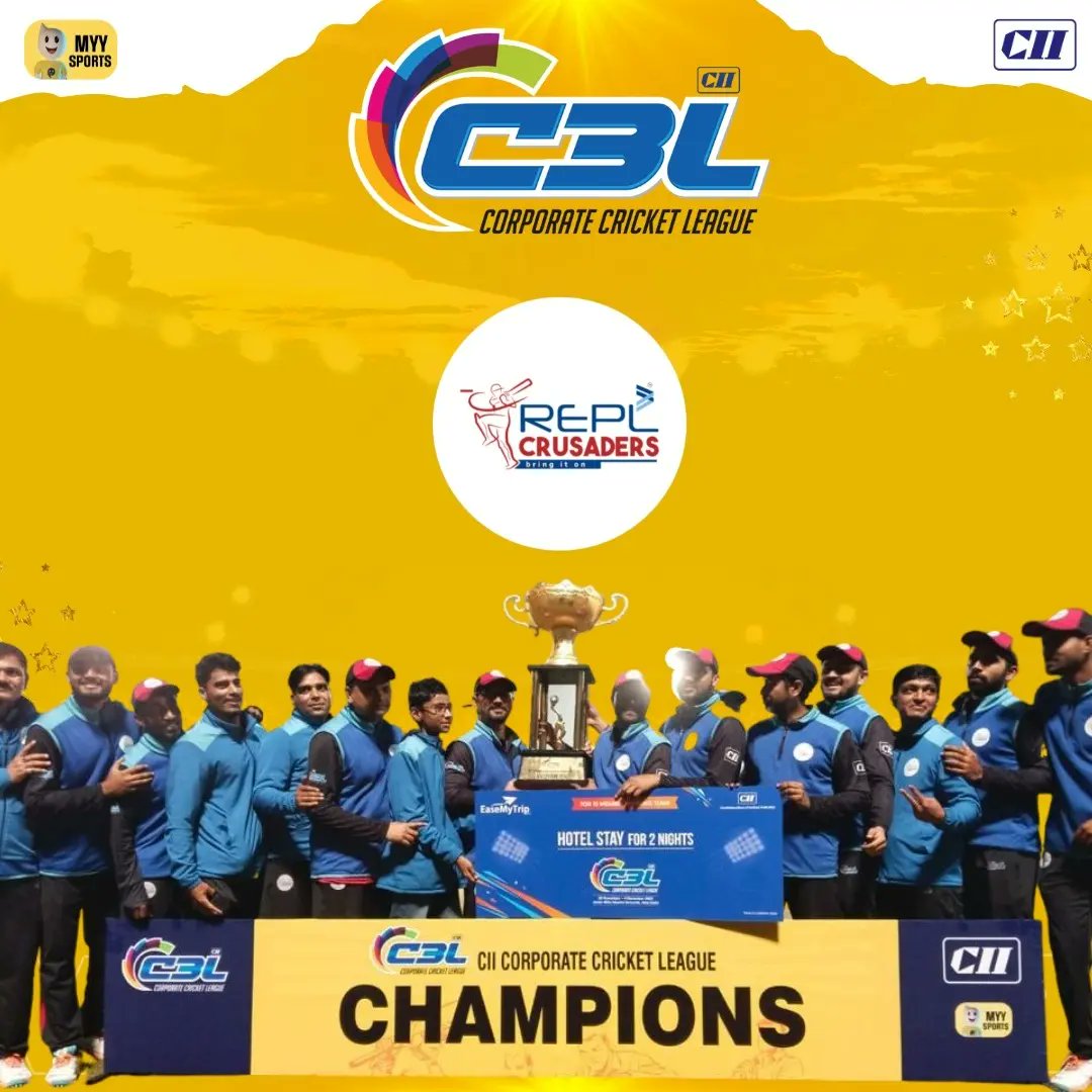 MyySports's tweet photo. The WINNERS of the 2nd CII Corporate Cricket League are REPL Crusaders! The team from @REPL_India @REPLSports did us proud by showing us all some excellent, professional-quality cricket.
Catch all the Highlights only on MyySports!
https://t.co/jyxZBq3FYM
#CricketTwitter #C3L https://t.co/zHhmZpf5f6