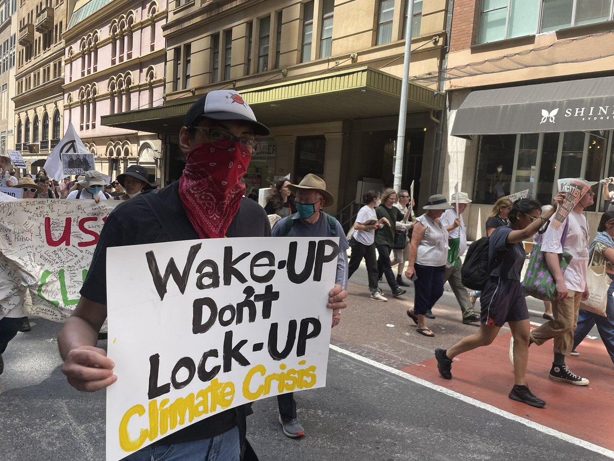 paddygibson's tweet photo. Snap rally at NSW Parliament and a march to the courts at the Downing Centre where climate activist Violet Coco was sentenced to 15 months in prison last week.

We demand repeal of the draconian anti-protest laws, an end to new fossil fuel projects and serious climate action now! https://t.co/F1Yxs8L0DG