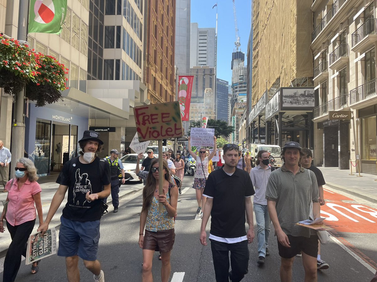paddygibson's tweet photo. Snap rally at NSW Parliament and a march to the courts at the Downing Centre where climate activist Violet Coco was sentenced to 15 months in prison last week.

We demand repeal of the draconian anti-protest laws, an end to new fossil fuel projects and serious climate action now! https://t.co/F1Yxs8L0DG