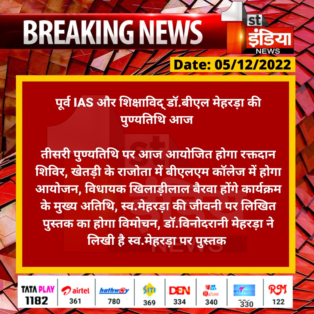 पूर्व IAS और शिक्षाविद् डॉ.बीएल मेहरड़ा की पुण्यतिथि आज 

तीसरी पुण्यतिथि पर आज आयोजित होगा रक्तदान शिविर, खेतड़ी के राजोता में बीएलएम कॉलेज में होगा आयोजन, विधायक खिलाड़ीलाल...

#RajasthanWithFirstIndia @KhiladiLalINC