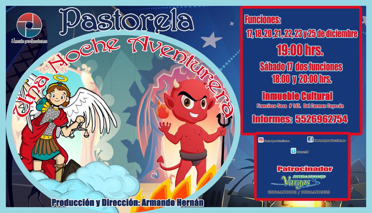 Iniciamos temporada!!de nuestra divertida PASTORELA! “Una Noche Aventurera”en Inmueble Cultural.Francisco Sosa #165 Col.Del Carmen Coyoacan 
Fechas17,18,20,21,22,23 y 25 de Diciembre,a las 19:00 hrs, el 17 dos funciones a las 18 y 20:00hrs⏰Los esperamos!@GuiaCoyoacan