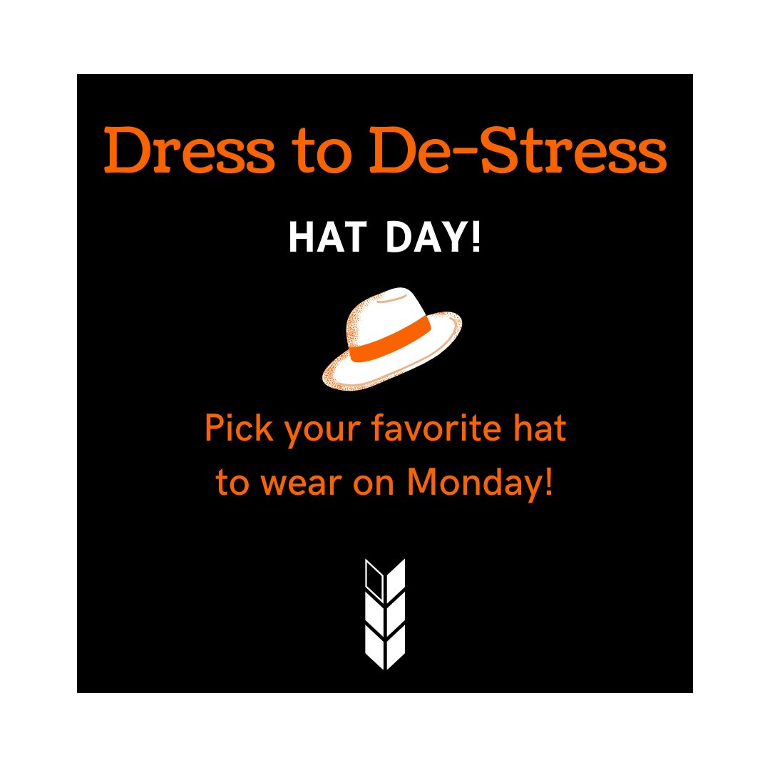 sovnationcenter's tweet photo. Happy "Dess to De-Stress" week! Make sure to lay out your hats for tomorrow and swing by 105 LSE to show off your favorite hat as you de-stress from projects and studying. Check out the themed days for the rest of the week, and come see us! #DressToDeStress #PreFinalsWeek https://t.co/ojxkLY1amf