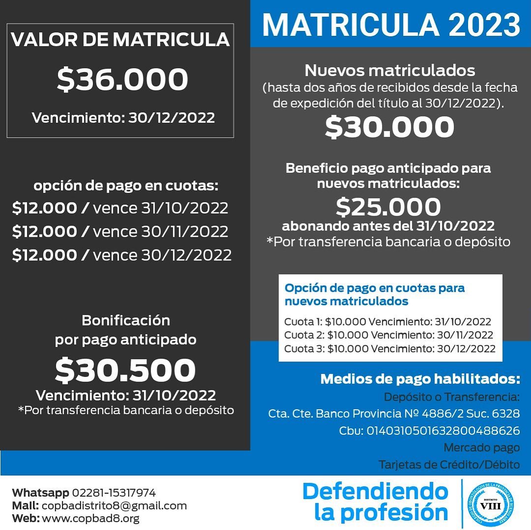 ⚠️ÚLTIMOS DÍAS
El vencimiento de la Matricula 2023 será el 30/12/2022, con descuento para nuevos matriculados.

📧 CONSULTAS 👉🏻 copbadistrito8@gmail.com

#Odontología #CopbaVIII