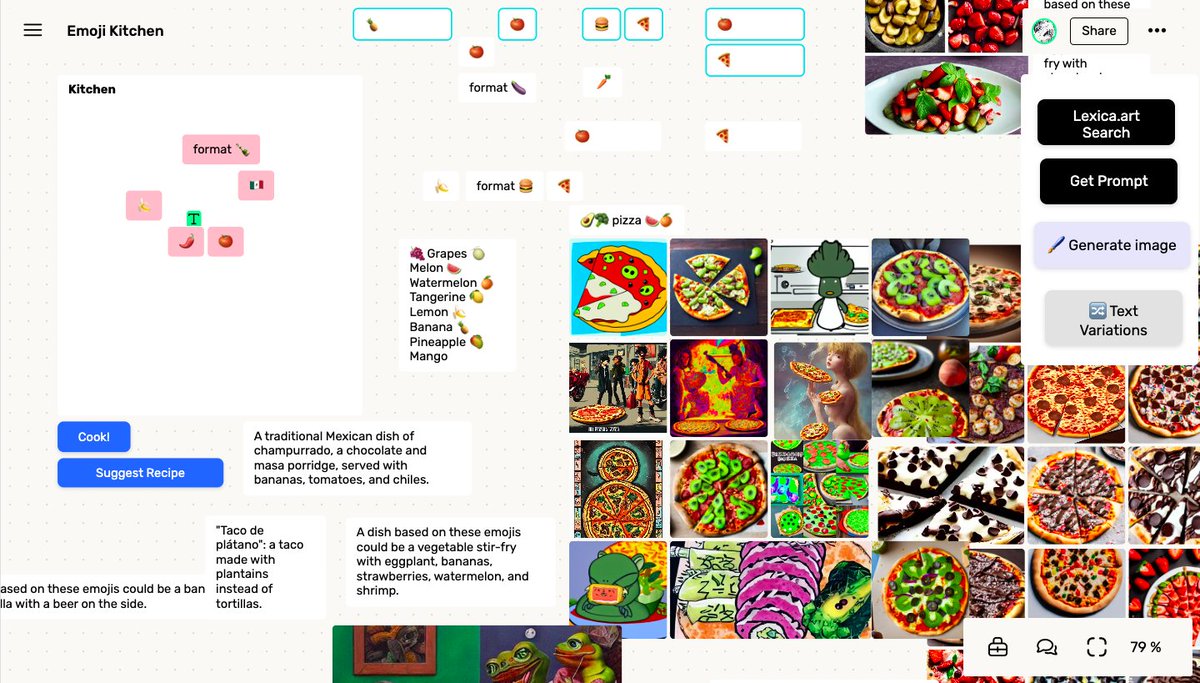 fermat_app's tweet photo. Great stream by (@polbaladas) with the #HyperTalk community hacking on end-user-programming and Large Language Models 💻🤖
Built a spatial-aware interface for #GPT3 to write cooking recipes based on emojis and chained #stablediffusion to generate the actual dish 🍝🍅🍃🍕 https://t.co/1bcRnwZUxM