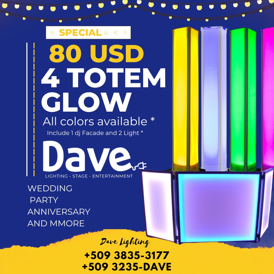 dave_lighting's tweet photo. 4 TOTEM GLOW + 1 DJ FACADE AND LIGHT for your Birthday, Wedding, party, anniversary and More. Special price 80 USD.

Inbox: 38353177 https://t.co/hYaEMrfPlM