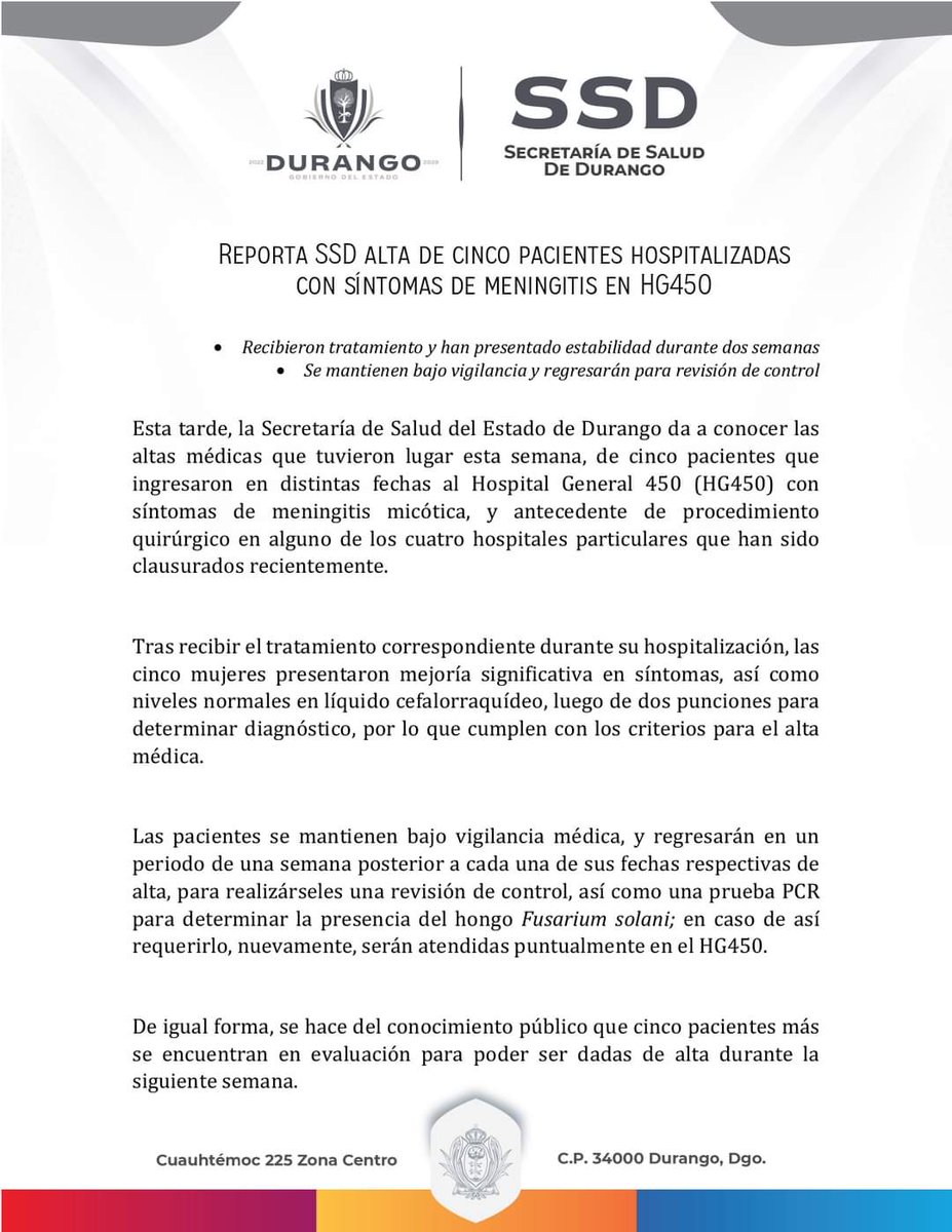 Canal12Dgo's tweet photo. #BuenasNoticias || La Secretaría de Salud Durango reporta 5 pacientes dados de alta de #menigitis https://t.co/8xCzCJvfvc