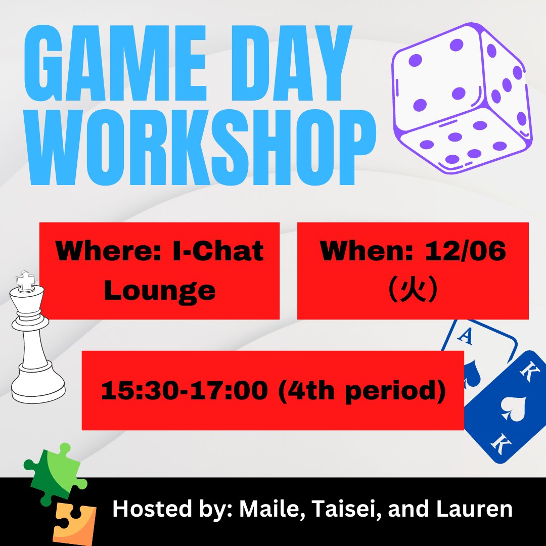 iChat_OGU's tweet photo. Game Day Workshop is tomorrow!

明日15:30からCETインターン生によるGame Day Workshopが行われます！
ゲームをしながら英語を学びましょう🎲
留学生の友達を作りたい人、英会話に挑戦したい人、大歓迎です！！

#ichatogu #ogu #english #大阪学院大学 #英語学習 #英会話 https://t.co/gxw68pKtSK