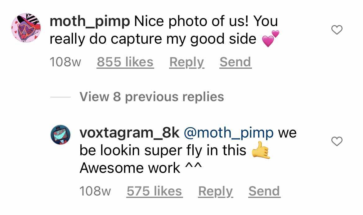 Daily_VVV's tweet photo. Daily Vee’s!!! -`♡´- Some screenshots from @/GasuGuma’s instagram. #Voxval was their biggest supporter :p 

- [#dailyvs #hazbinhotel #vox #valentino] https://t.co/CYN9qOcNTb