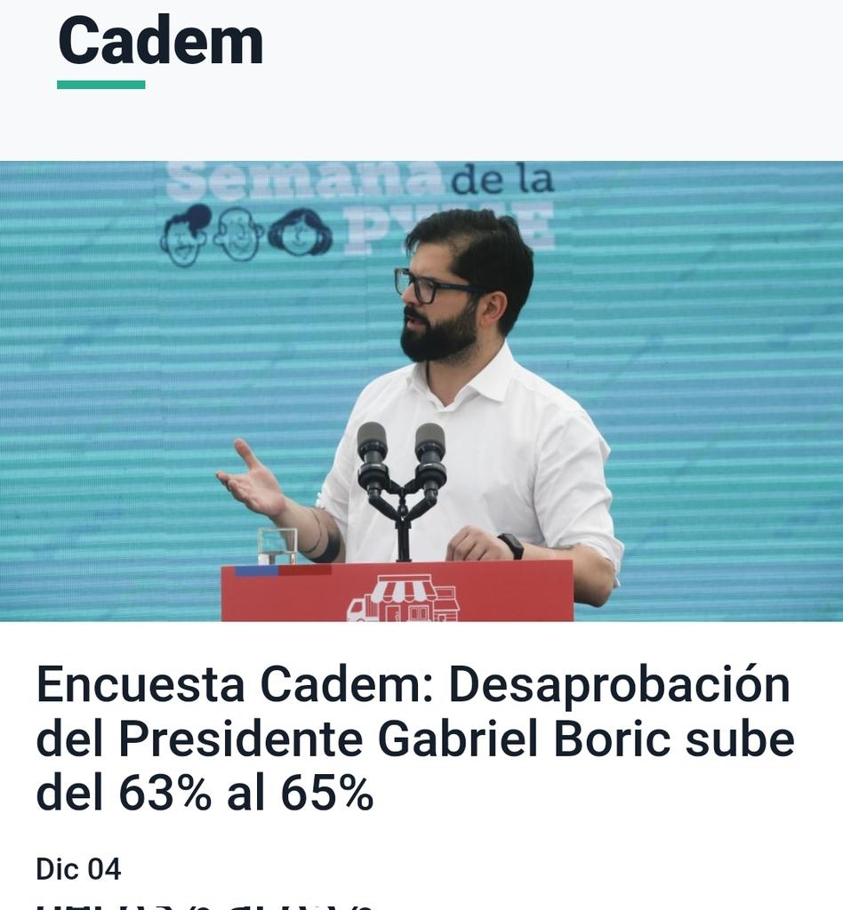 TanaBorsottob's tweet photo. Presidente  @gabrielboric sigue en picada y sin paracaídas, junten paja que el golpe será grande,su desaprobación sube de 63% a 65%, creo que debería ir preparando maletas
#Cadem https://t.co/TQ5MchePfx