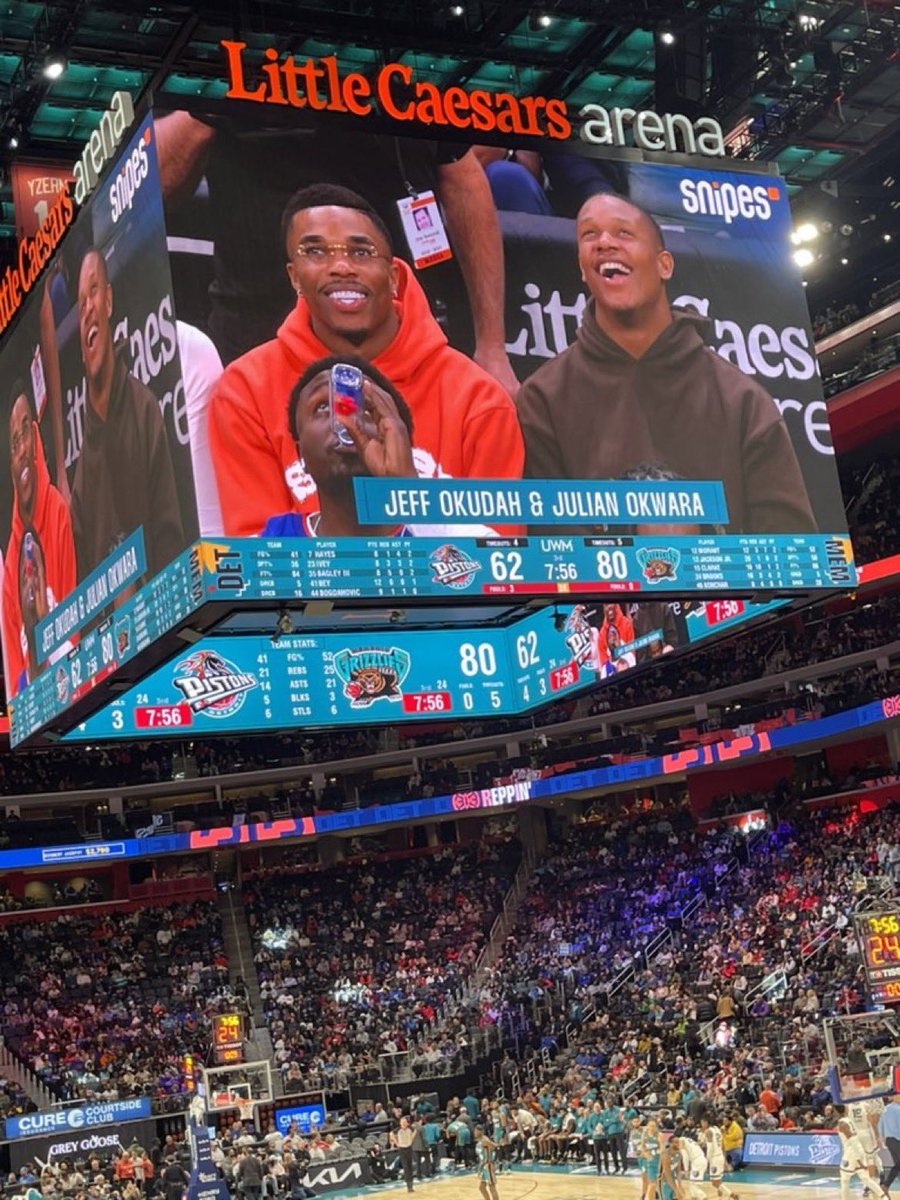 Jeff Okudah and Julian Okwara stopped in at LCA to watch the Pistons after their HUGE win today #Pistons #OnePride 📸: @DetroitKoolAid