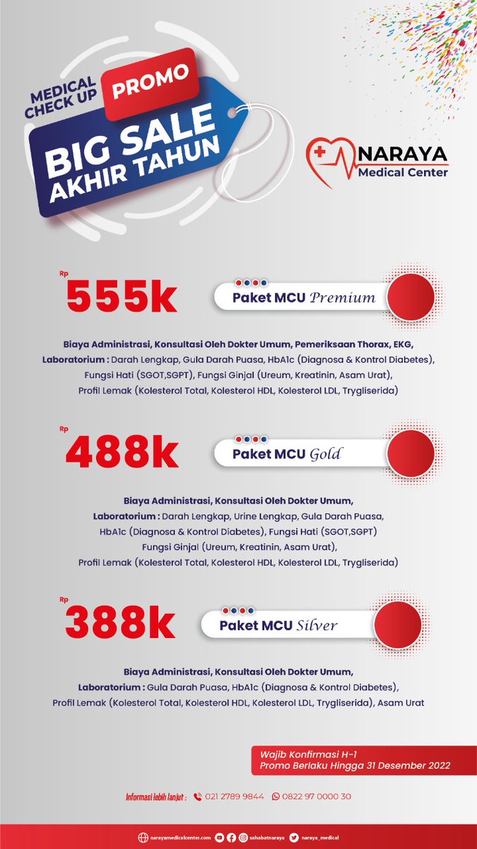 Dapatkan promo terbaru kami "Big Sale Akhir Tahun"
Jangan sampai terlambat! Yuk lakukan cek kesehatan anda di NMC karena #INVESTASIKESEHATAN sangatlah penting!

#tahunbaru 
#newyear 
#promo 
#mcu
#bigsale
#health
#nmc