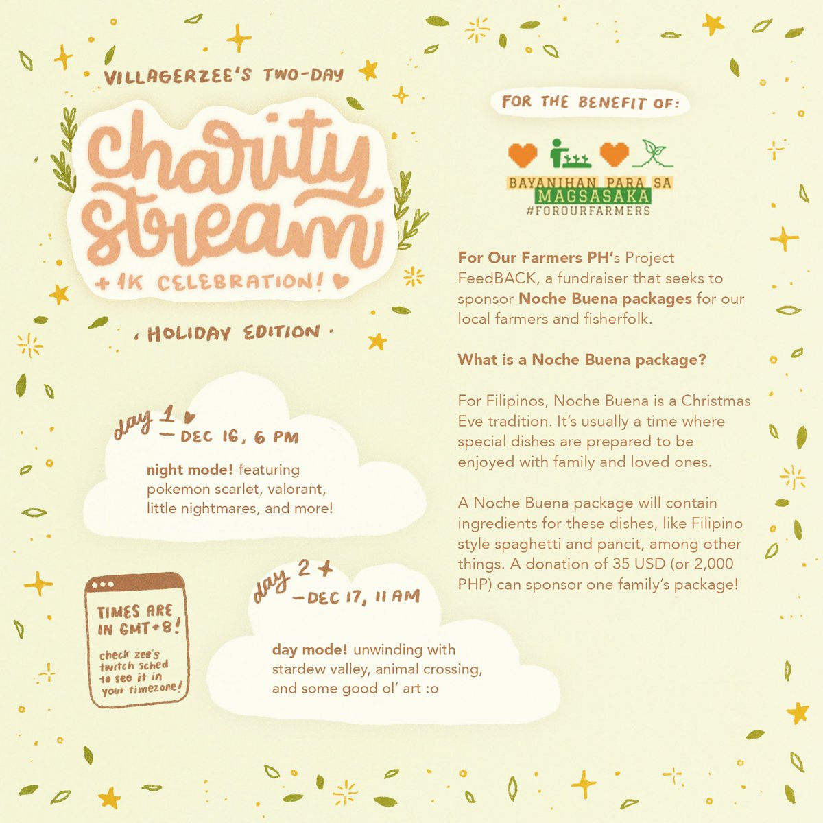 villagerzee's tweet image. it's giving season! 🌾🎁

to celebrate the holiday &amp;amp; reaching 1k on twitch, i'll be having a two-part charity stream for For Our Farmers PH–a non-profit that seeks to uplift Filipino farmers and fisherfolk 🌾🎣

imagine all the lives we can touch if we work together! 🤍👇🏽