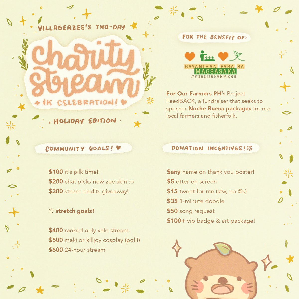 villagerzee's tweet image. it's giving season! 🌾🎁

to celebrate the holiday &amp;amp; reaching 1k on twitch, i'll be having a two-part charity stream for For Our Farmers PH–a non-profit that seeks to uplift Filipino farmers and fisherfolk 🌾🎣

imagine all the lives we can touch if we work together! 🤍👇🏽